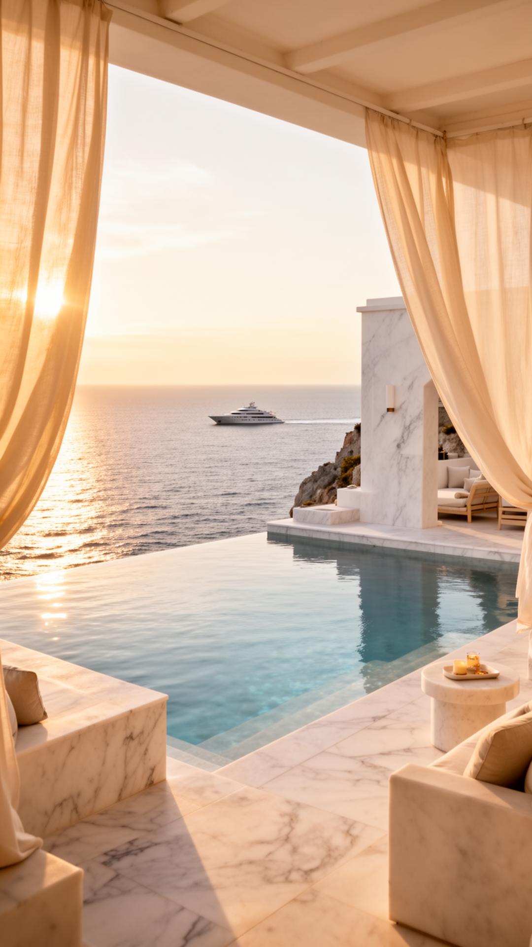Sunlit Mediterranean clifftop sanctuary at golden hour with infinity pool, ocean horizon and a yacht in the distance