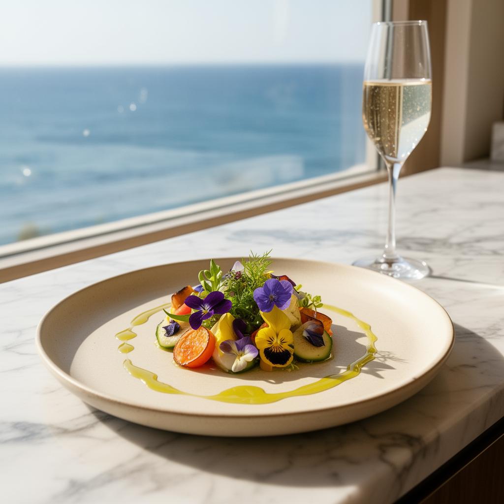 A quiet, sunlit table with chef-led plated course on cream ceramic overlooking the sea