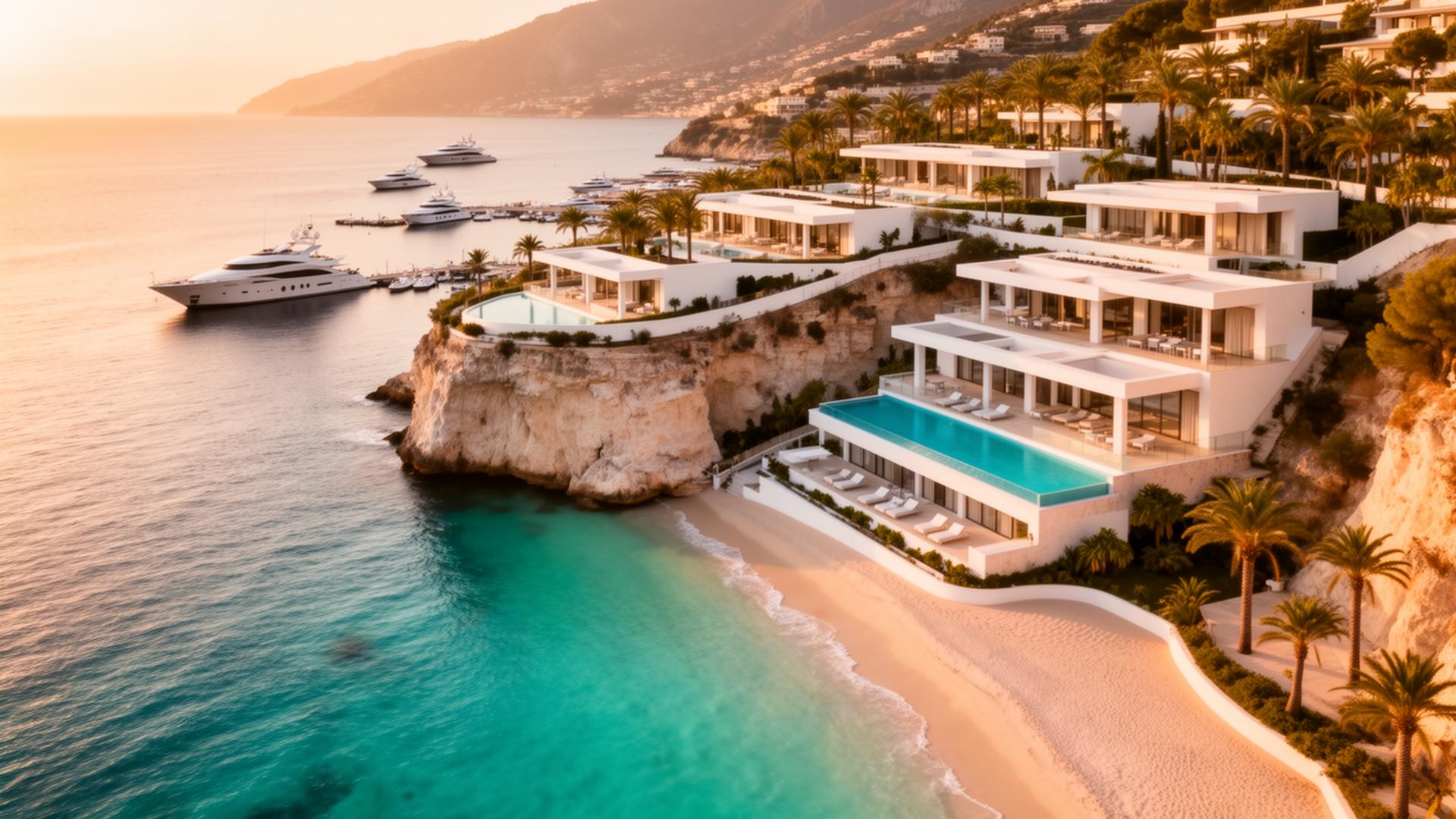 Aerial of a sunlit luxury wellness pavilion along the Mediterranean coast